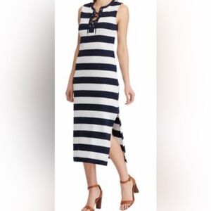 CHAPS Women Dress XL Blue & White Stripe Sleeveless Nautical Lace Up Side Slit